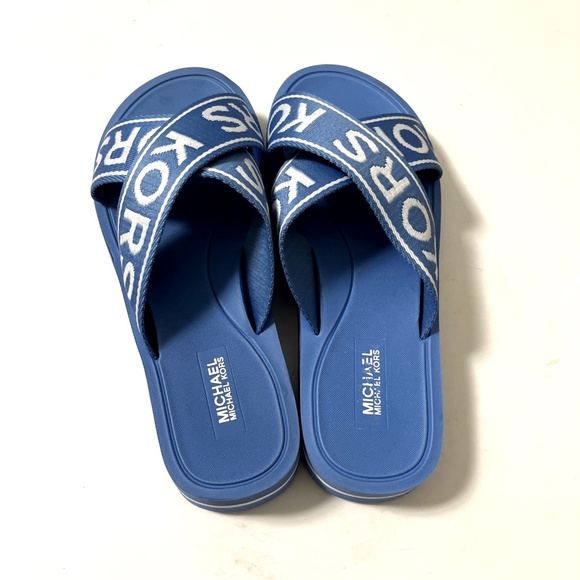 NWOB MICHAEL KORS Crossover Slide Sandal Signature Logo Blue Fabric Canvas - Picture 4 of 5